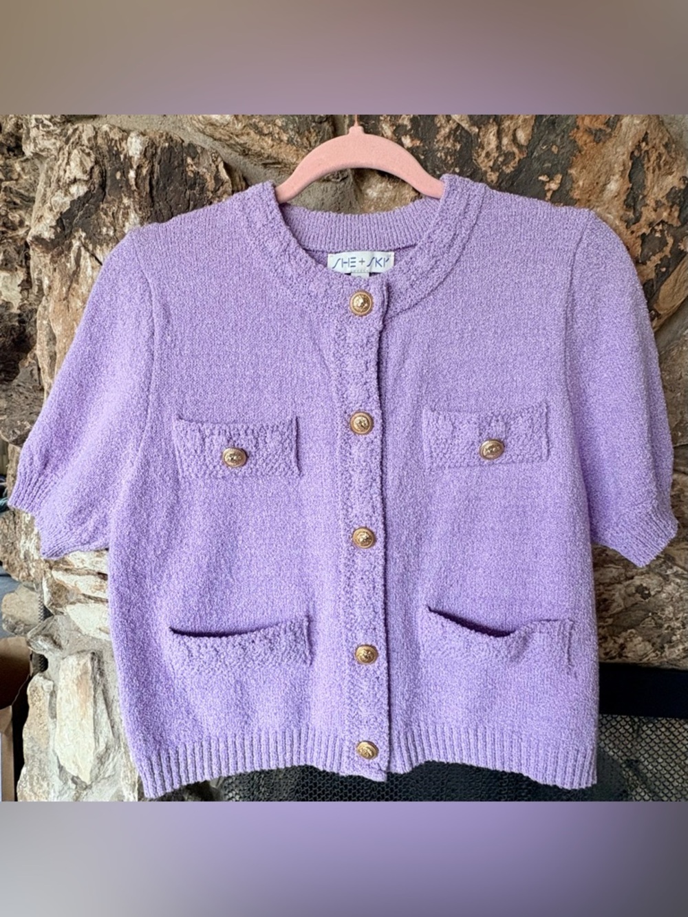 She + Sky Lavender Bouclé Cardigan with Gold Buttons